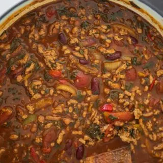 Dutch oven with ground pork chili