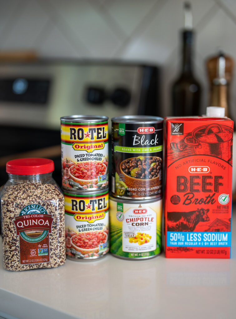 quinoa, RO-TEL, black beans, corn, and beef broth