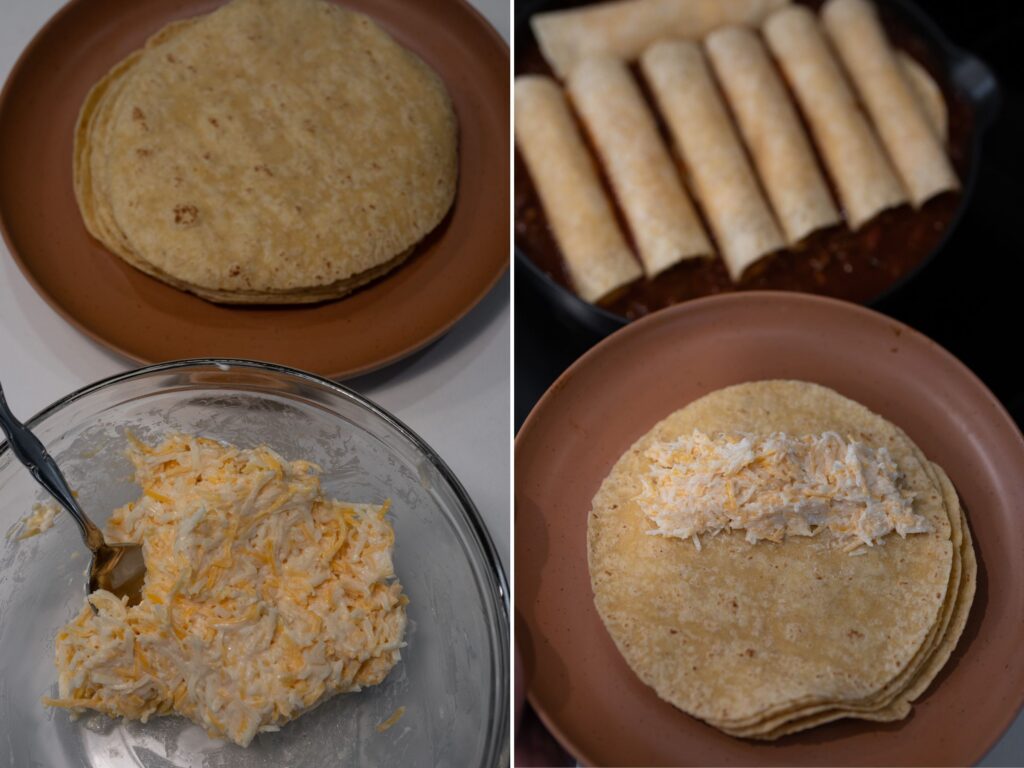 filling tortillas with a cheese mixture